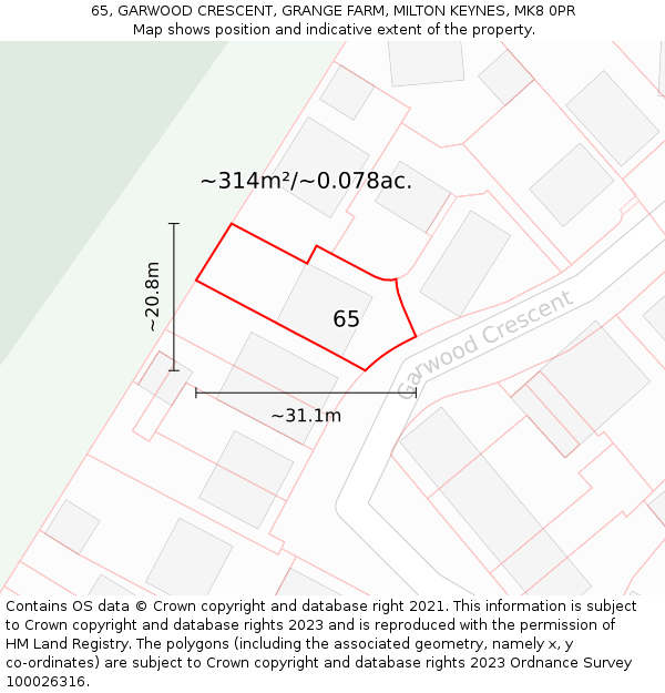 65, GARWOOD CRESCENT, GRANGE FARM, MILTON KEYNES, MK8 0PR: Plot and title map