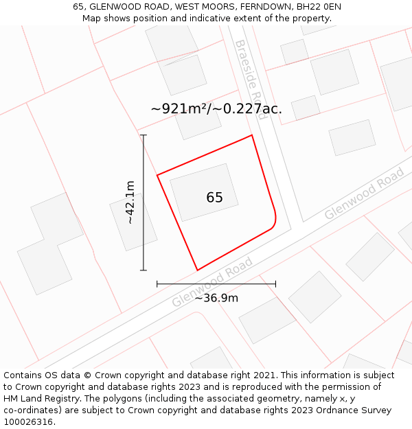 65, GLENWOOD ROAD, WEST MOORS, FERNDOWN, BH22 0EN: Plot and title map