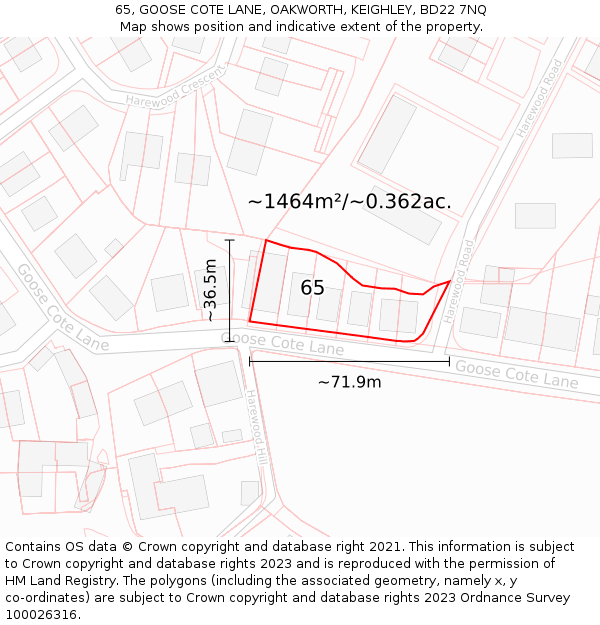 65, GOOSE COTE LANE, OAKWORTH, KEIGHLEY, BD22 7NQ: Plot and title map