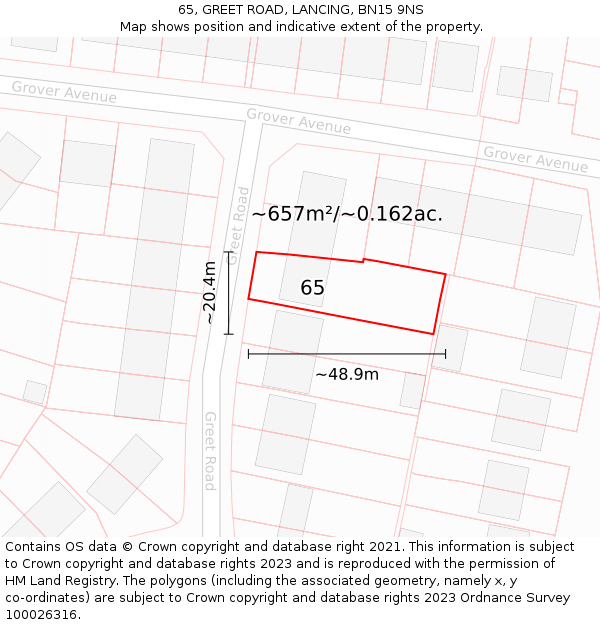 65, GREET ROAD, LANCING, BN15 9NS: Plot and title map