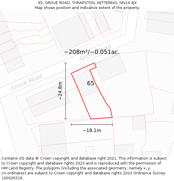 65, GROVE ROAD, THRAPSTON, KETTERING, NN14 4JX: Plot and title map
