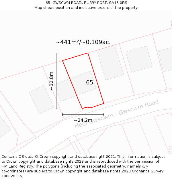 65, GWSCWM ROAD, BURRY PORT, SA16 0BS: Plot and title map