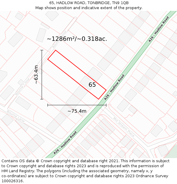 65, HADLOW ROAD, TONBRIDGE, TN9 1QB: Plot and title map