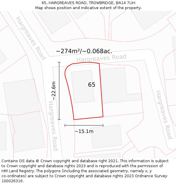 65, HARGREAVES ROAD, TROWBRIDGE, BA14 7UH: Plot and title map