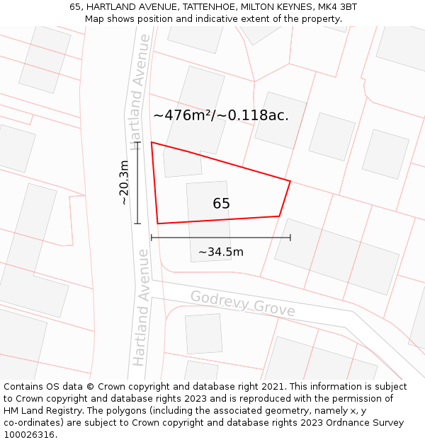 65, HARTLAND AVENUE, TATTENHOE, MILTON KEYNES, MK4 3BT: Plot and title map