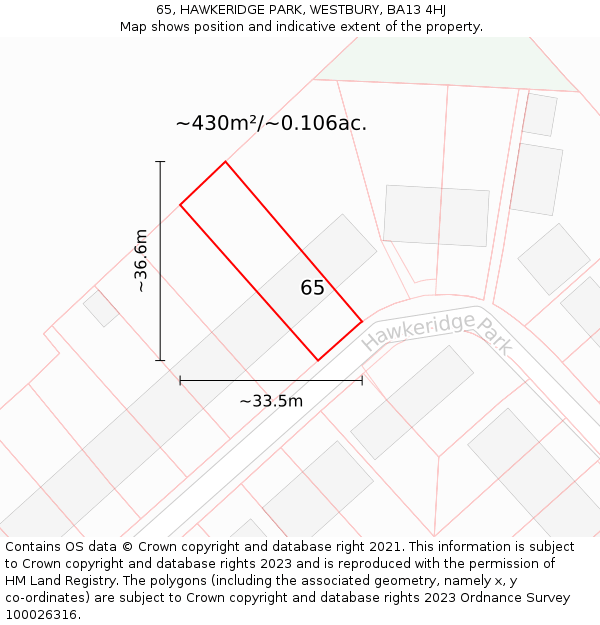 65, HAWKERIDGE PARK, WESTBURY, BA13 4HJ: Plot and title map