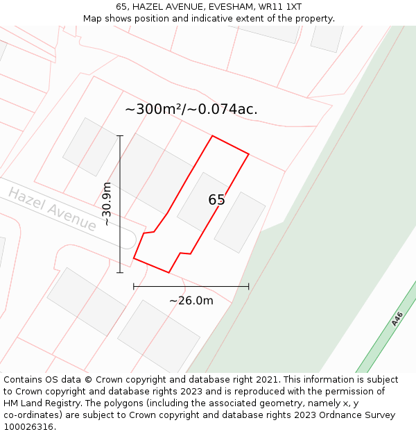 65, HAZEL AVENUE, EVESHAM, WR11 1XT: Plot and title map