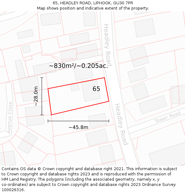 65, HEADLEY ROAD, LIPHOOK, GU30 7PR: Plot and title map