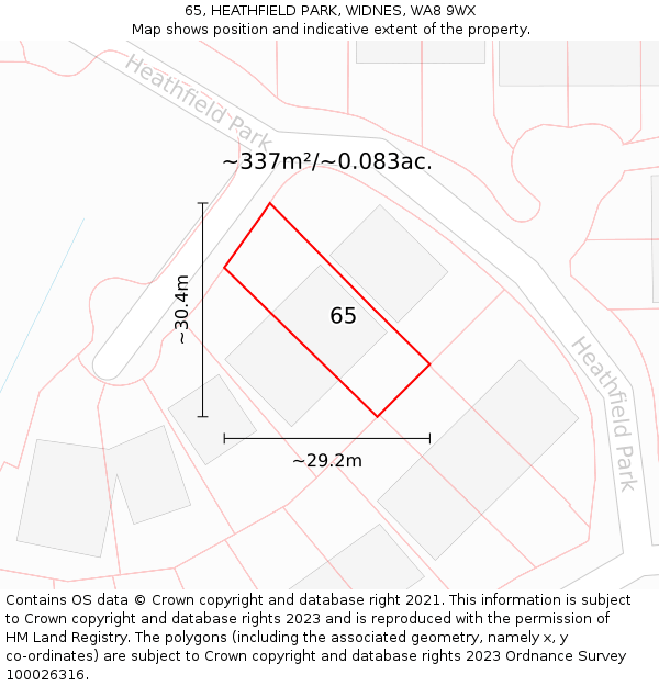 65, HEATHFIELD PARK, WIDNES, WA8 9WX: Plot and title map