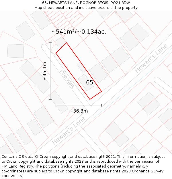 65, HEWARTS LANE, BOGNOR REGIS, PO21 3DW: Plot and title map