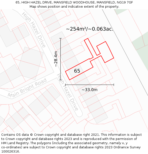 65, HIGH HAZEL DRIVE, MANSFIELD WOODHOUSE, MANSFIELD, NG19 7GF: Plot and title map