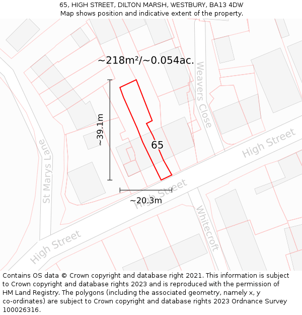 65, HIGH STREET, DILTON MARSH, WESTBURY, BA13 4DW: Plot and title map