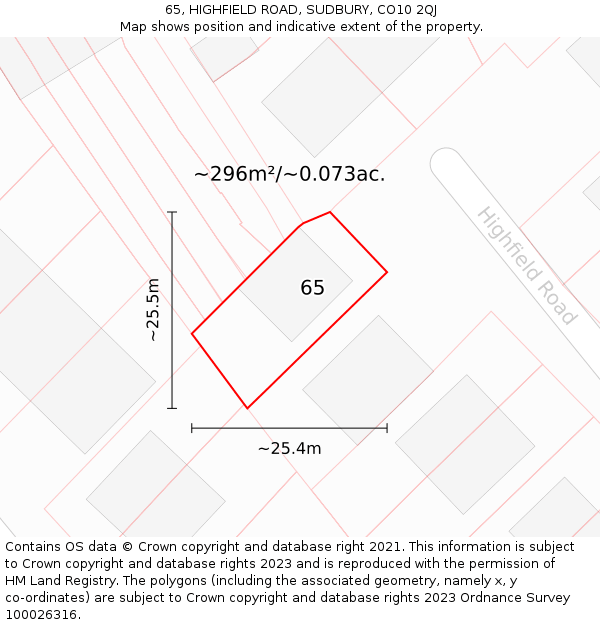 65, HIGHFIELD ROAD, SUDBURY, CO10 2QJ: Plot and title map