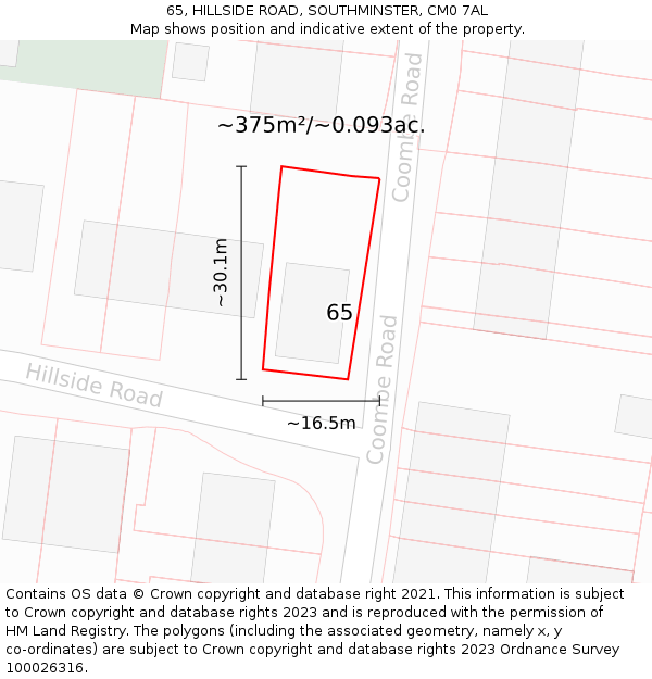 65, HILLSIDE ROAD, SOUTHMINSTER, CM0 7AL: Plot and title map