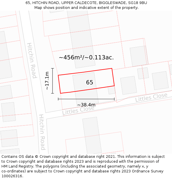 65, HITCHIN ROAD, UPPER CALDECOTE, BIGGLESWADE, SG18 9BU: Plot and title map