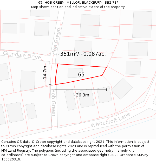 65, HOB GREEN, MELLOR, BLACKBURN, BB2 7EP: Plot and title map