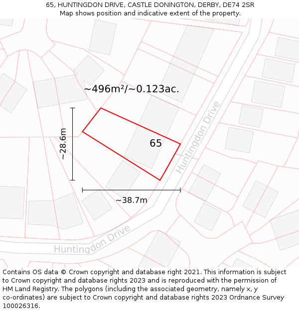 65, HUNTINGDON DRIVE, CASTLE DONINGTON, DERBY, DE74 2SR: Plot and title map