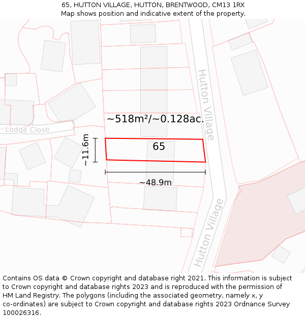 65, HUTTON VILLAGE, HUTTON, BRENTWOOD, CM13 1RX: Plot and title map