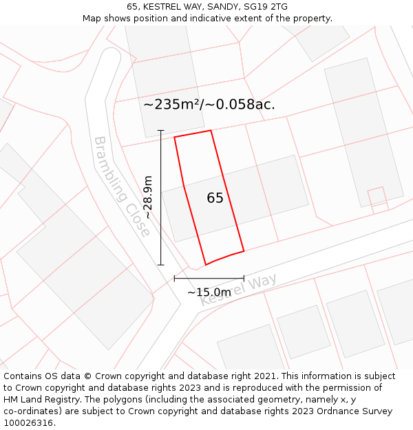 65, KESTREL WAY, SANDY, SG19 2TG: Plot and title map