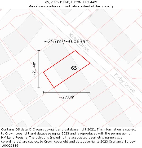 65, KIRBY DRIVE, LUTON, LU3 4AW: Plot and title map