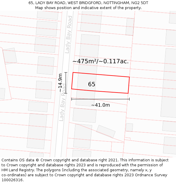 65, LADY BAY ROAD, WEST BRIDGFORD, NOTTINGHAM, NG2 5DT: Plot and title map