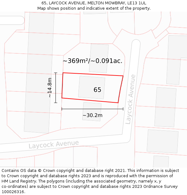 65, LAYCOCK AVENUE, MELTON MOWBRAY, LE13 1UL: Plot and title map