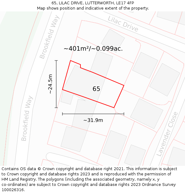 65, LILAC DRIVE, LUTTERWORTH, LE17 4FP: Plot and title map