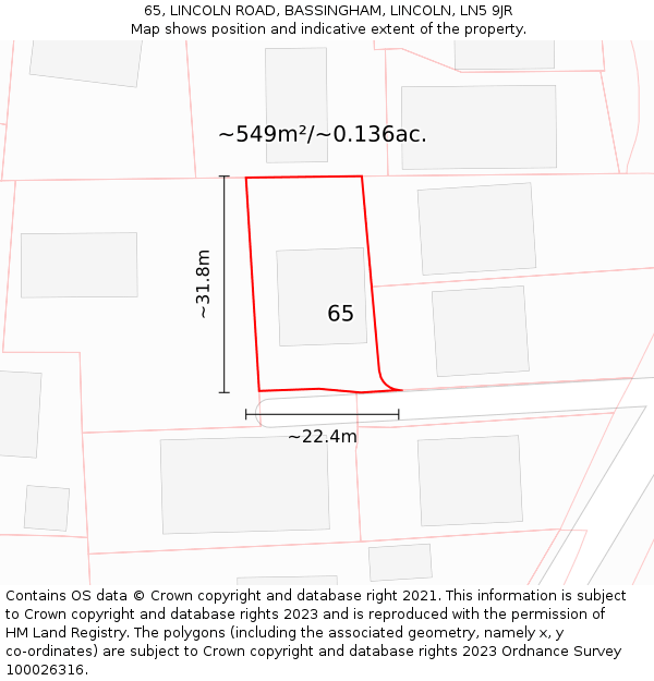 65, LINCOLN ROAD, BASSINGHAM, LINCOLN, LN5 9JR: Plot and title map