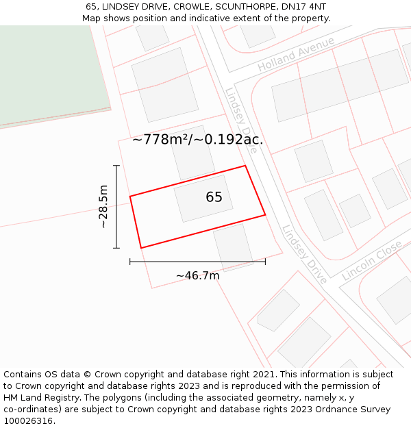 65, LINDSEY DRIVE, CROWLE, SCUNTHORPE, DN17 4NT: Plot and title map