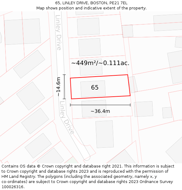 65, LINLEY DRIVE, BOSTON, PE21 7EL: Plot and title map