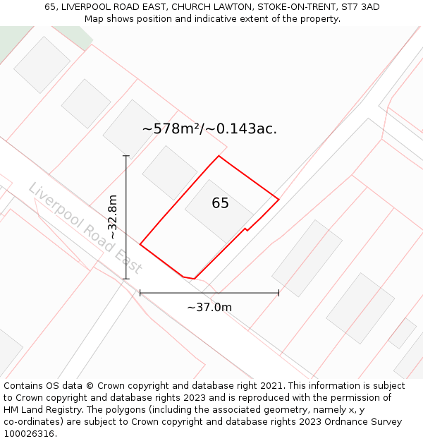 65, LIVERPOOL ROAD EAST, CHURCH LAWTON, STOKE-ON-TRENT, ST7 3AD: Plot and title map