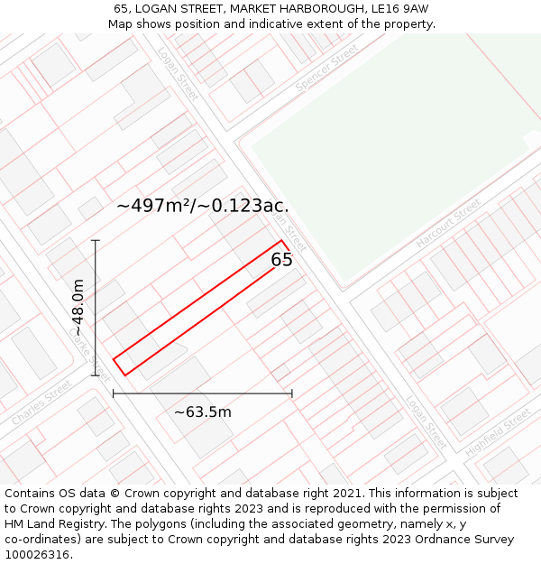 65, LOGAN STREET, MARKET HARBOROUGH, LE16 9AW: Plot and title map