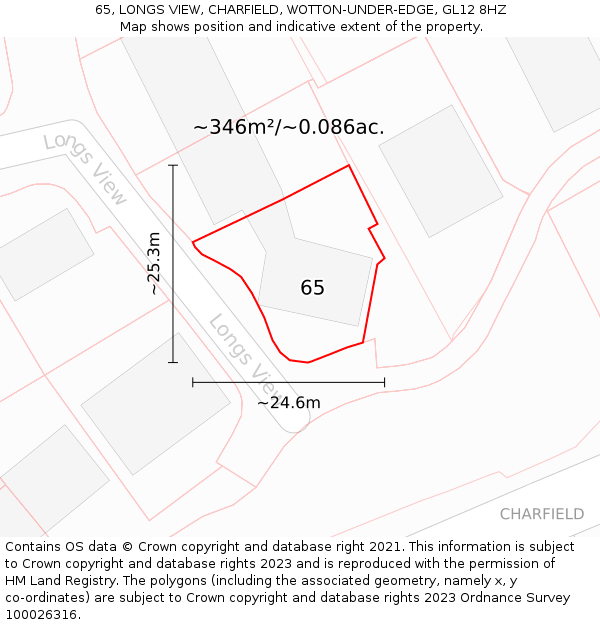 65, LONGS VIEW, CHARFIELD, WOTTON-UNDER-EDGE, GL12 8HZ: Plot and title map