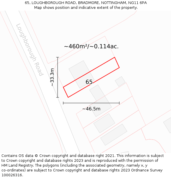 65, LOUGHBOROUGH ROAD, BRADMORE, NOTTINGHAM, NG11 6PA: Plot and title map