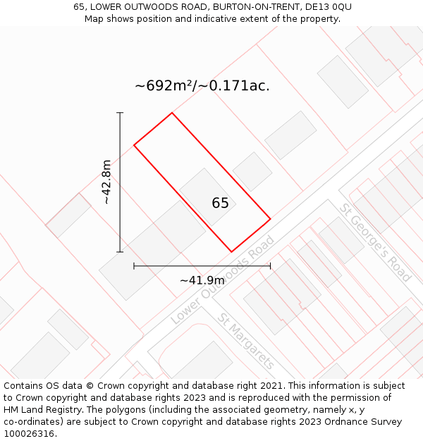 65, LOWER OUTWOODS ROAD, BURTON-ON-TRENT, DE13 0QU: Plot and title map