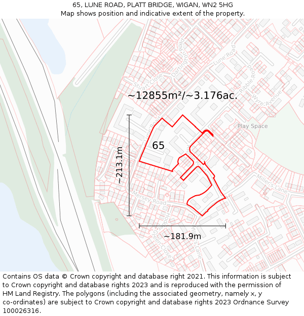 65, LUNE ROAD, PLATT BRIDGE, WIGAN, WN2 5HG: Plot and title map