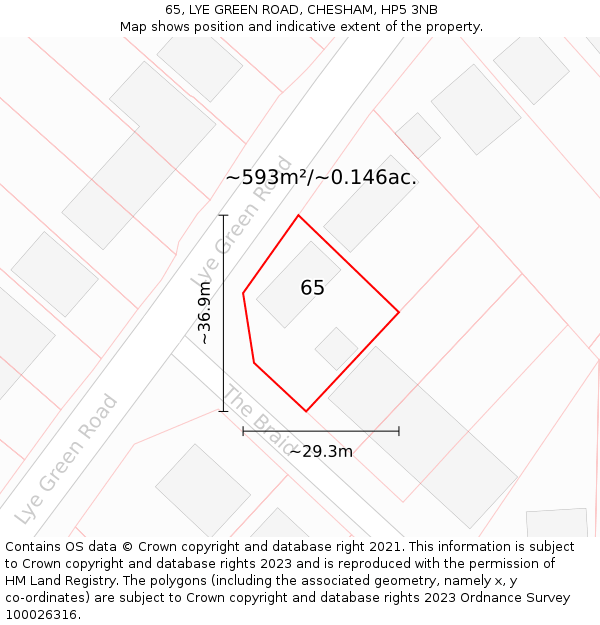 65, LYE GREEN ROAD, CHESHAM, HP5 3NB: Plot and title map