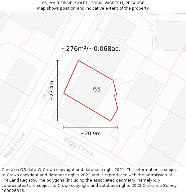 65, MALT DRIVE, SOUTH BRINK, WISBECH, PE14 0SR: Plot and title map