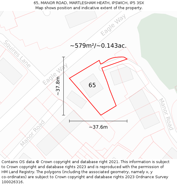 65, MANOR ROAD, MARTLESHAM HEATH, IPSWICH, IP5 3SX: Plot and title map