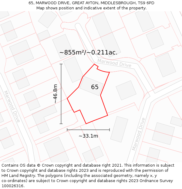 65, MARWOOD DRIVE, GREAT AYTON, MIDDLESBROUGH, TS9 6PD: Plot and title map