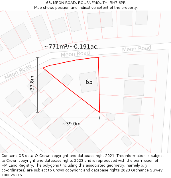 65, MEON ROAD, BOURNEMOUTH, BH7 6PR: Plot and title map