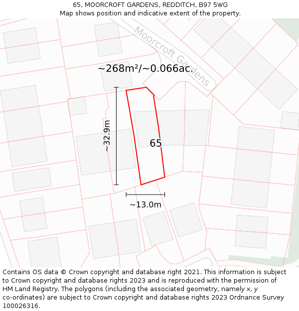 65, MOORCROFT GARDENS, REDDITCH, B97 5WG: Plot and title map