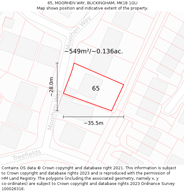 65, MOORHEN WAY, BUCKINGHAM, MK18 1GU: Plot and title map