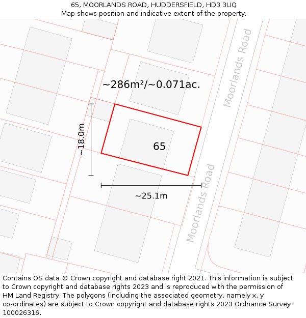 65, MOORLANDS ROAD, HUDDERSFIELD, HD3 3UQ: Plot and title map