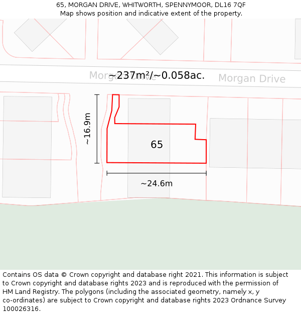 65, MORGAN DRIVE, WHITWORTH, SPENNYMOOR, DL16 7QF: Plot and title map
