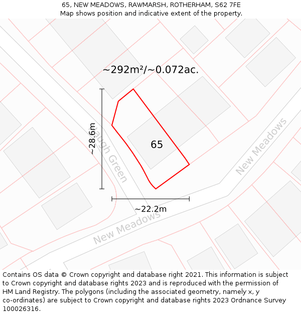 65, NEW MEADOWS, RAWMARSH, ROTHERHAM, S62 7FE: Plot and title map