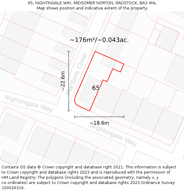 65, NIGHTINGALE WAY, MIDSOMER NORTON, RADSTOCK, BA3 4NL: Plot and title map