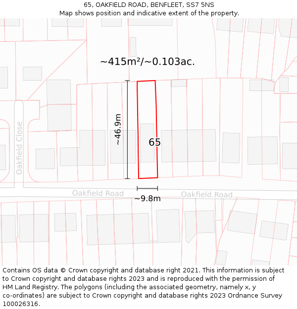 65, OAKFIELD ROAD, BENFLEET, SS7 5NS: Plot and title map