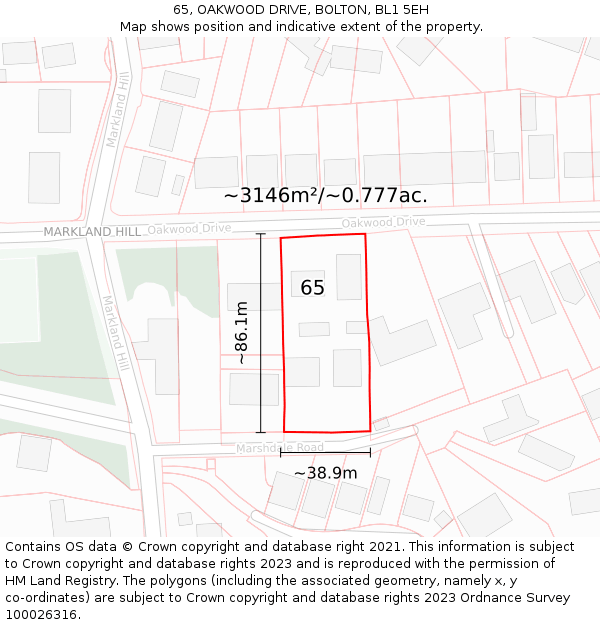 65, OAKWOOD DRIVE, BOLTON, BL1 5EH: Plot and title map