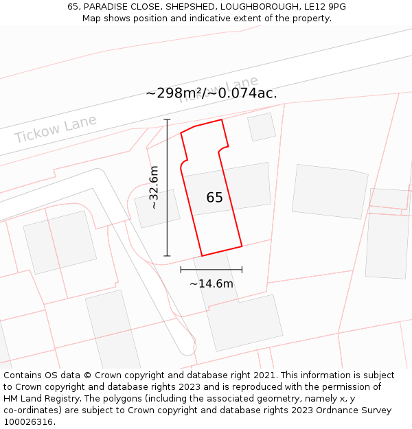 65, PARADISE CLOSE, SHEPSHED, LOUGHBOROUGH, LE12 9PG: Plot and title map